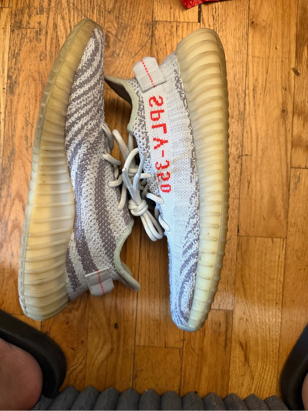 Yeezy Boost-Inspired Grey & Cream Knit Sneakers with Orange Script